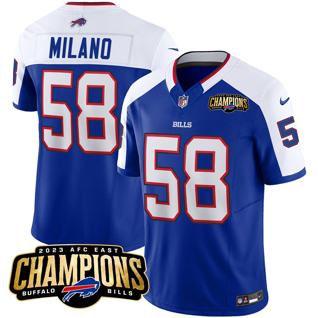 Men's Buffalo Bills #58 Matt Milano Blue/White 2023 F.U.S.E. AFC East Champions With 4-star C Ptach Football Stitched Jersey